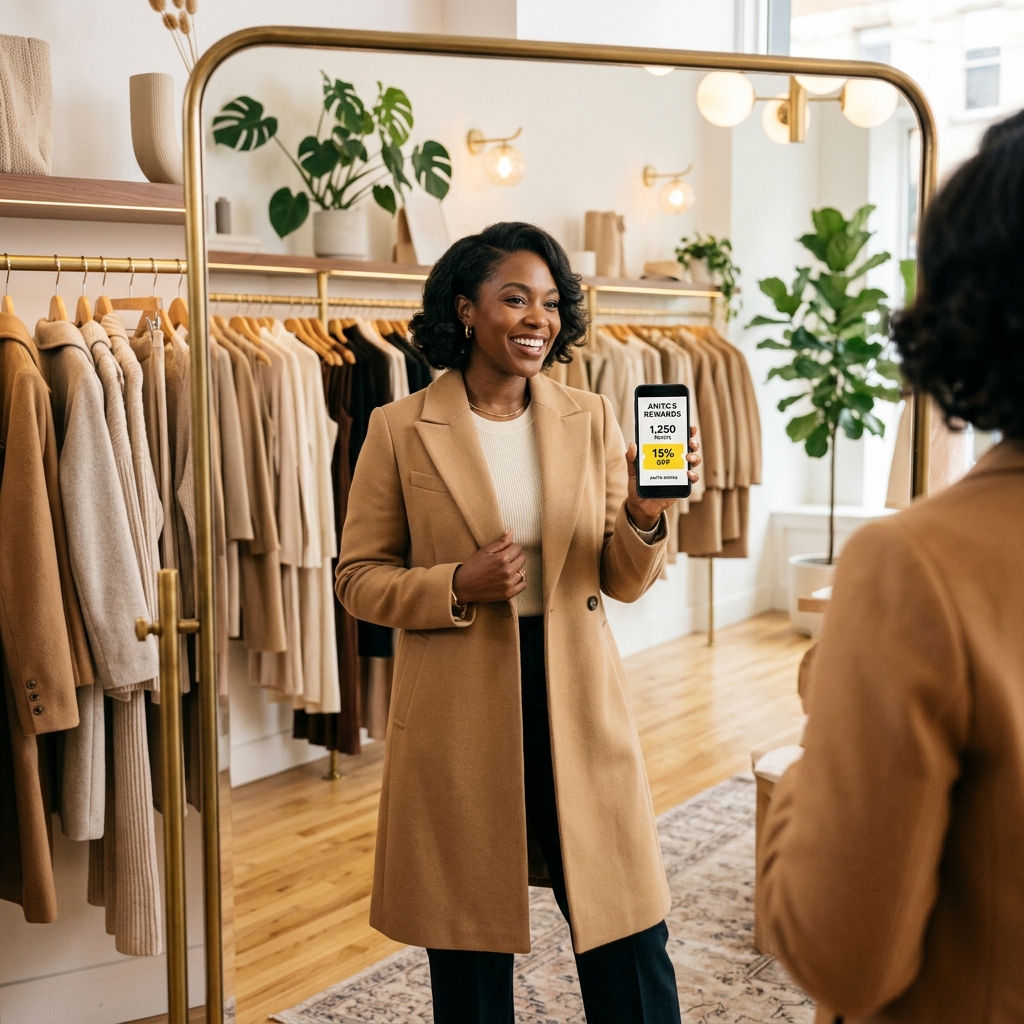 Anita souriante devant le miroir d'une boutique de vêtements
