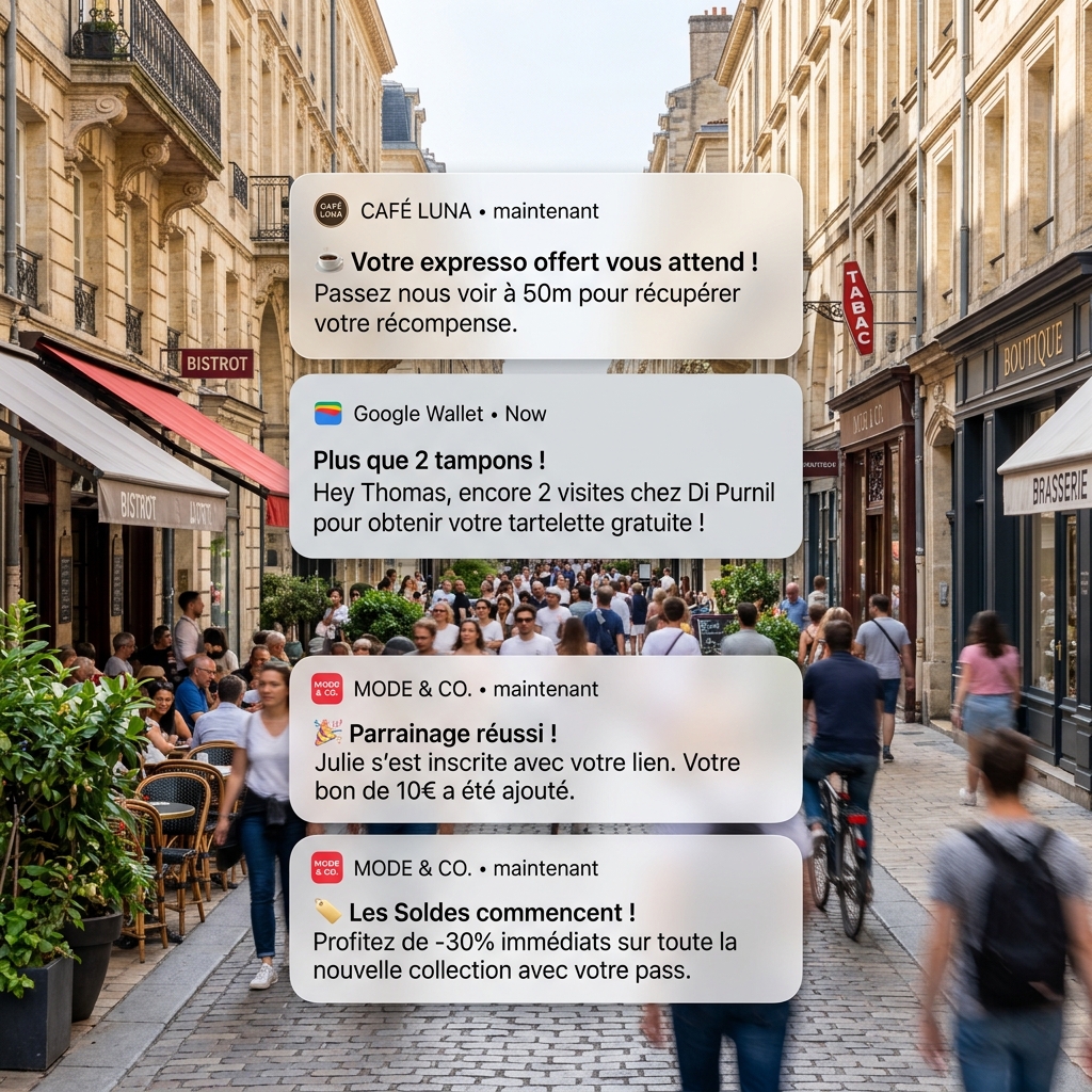 Rue commerçante active avec notifications